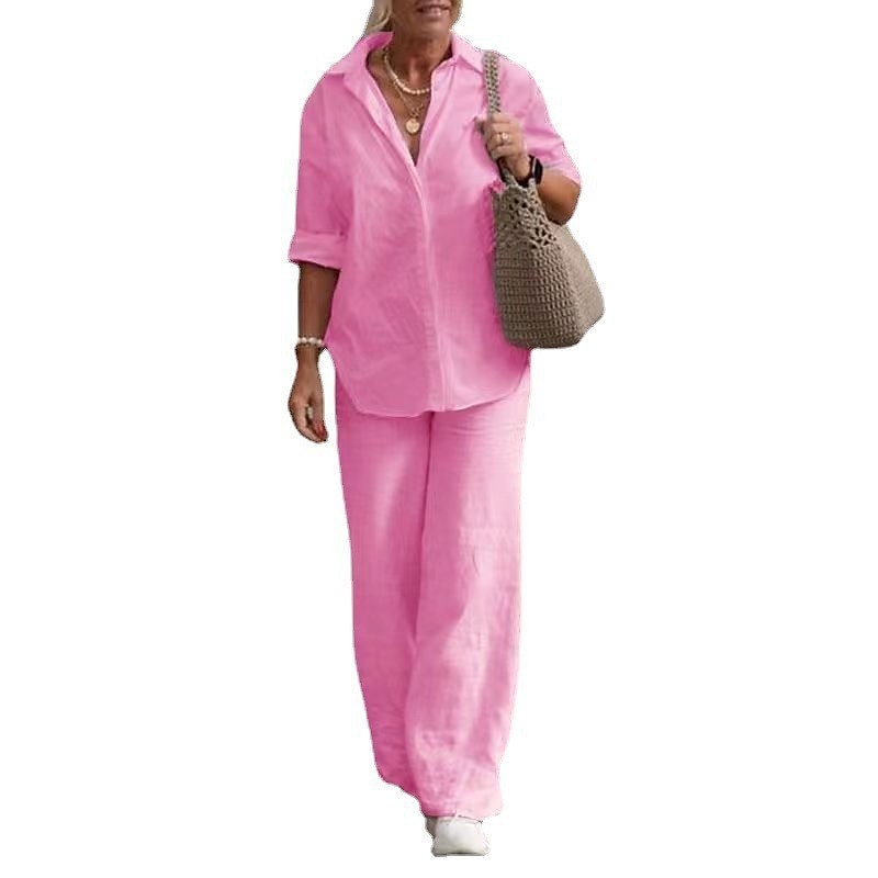 Per donna Elegante Moda Essenziale Camicia Set di biancheria in cotone Set da due pezzi Pantaloni Manica Lunga Colletto a Camicia Tinta unica Casual Quotidiano Rosa Blu marino scuro Blu Autunno del 2025 a $29.99 –P6