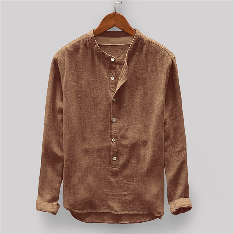 Per uomo Camicia in cotone e lino Camicia Estiva Camicia casual Camicia da Spiaggia Camicia con Bottoni Semplice Vacanza Casuale Giallo Blu marino Cachi Grigio Manica Lunga Colletto alla coreana del 2025 a $23.99 –P4