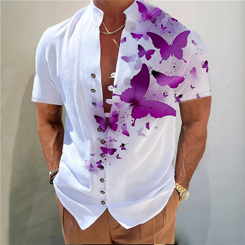 Bărbați Fluture Cămașă Camașă cu nasturi Manșon scurt Modă Șic Stradă Designer În aer liber Casual Zilnic Primavara vara Guler de stand Imprimeu Galben Albastru piscină Mov Trifoi Gri 2026 - $25.99 –P3
