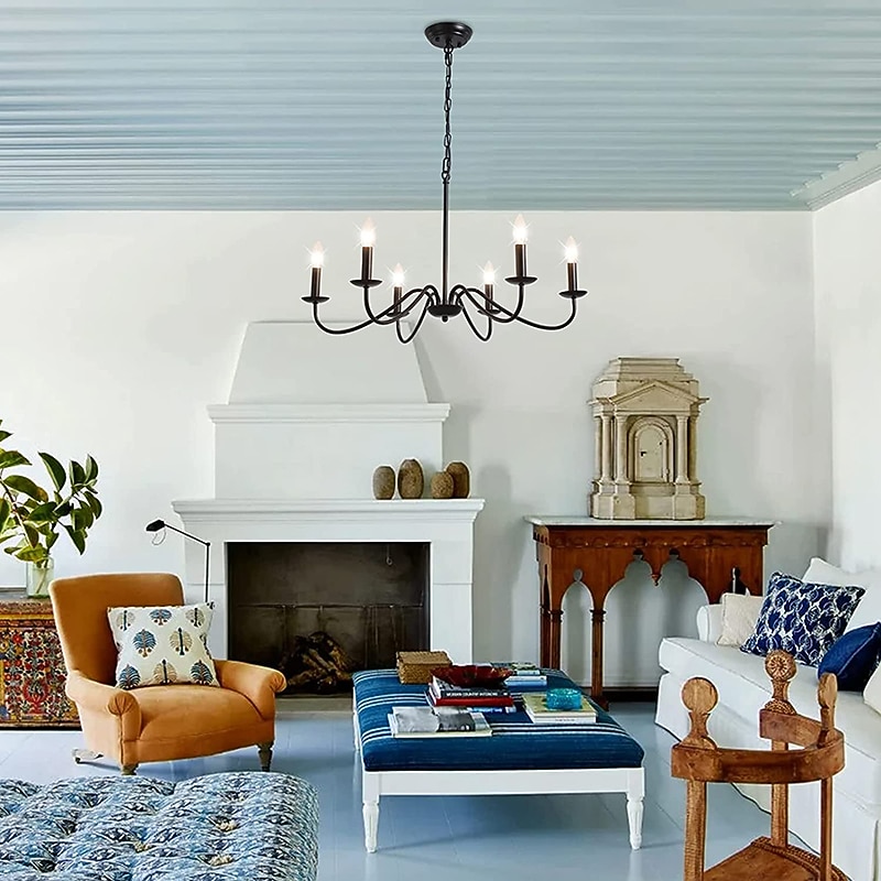 Candelabro preto de 6 luzes lustres de ferro industriais rústicos iluminação para cozinha, sala de jantar, sala de estar, quarto, 35 polegadas, e12,110-240v de 2026 por $230.29 –P6