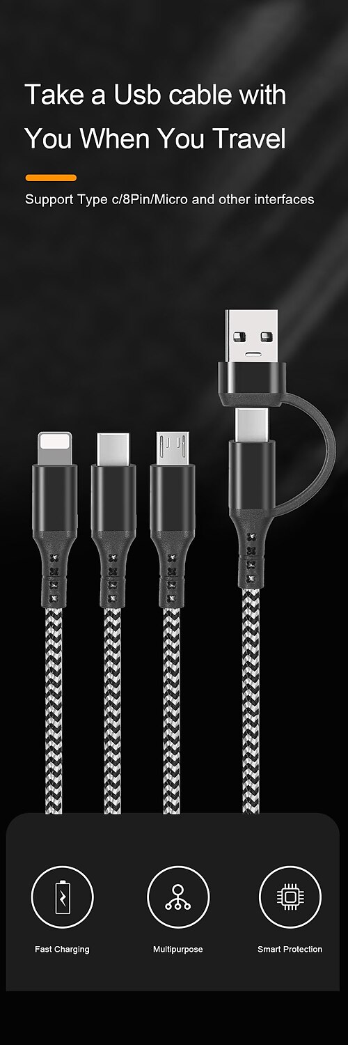 Multi Charging Cable 3.9ft USB A to Type C / Micro / IP 3 A Fast Charging Nylon Braided Durable 3 in 1 For Macbook iPad Samsung Phone Accessory 2025 - $12.99 –P1