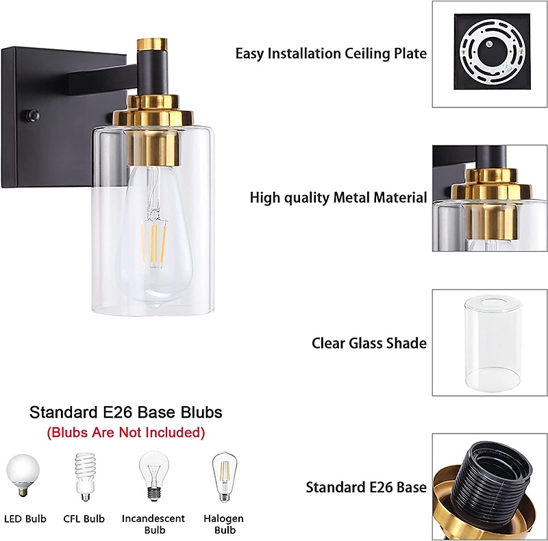 arandelas de parede pretas & arandela de parede dourada 1 luz, luminárias de parede modernas, arandelas de parede de fazenda com sombra de vidro transparente, arandelas para sala de estar, quarto, de 2026 por $66.99 –P6