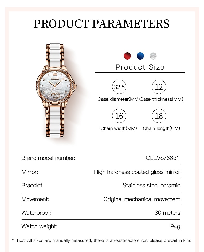 OLEVS Women Mechanical Watch Creative Minimalist Fashion Casual Analog Wristwatch Automatic Self-winding Luminous Calendar Waterproof Ceramic Watch for Women Mother's Day Gift Women Watches 2026 - $107.99 –P15