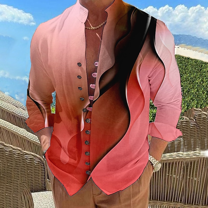 Herren Farbverlauf Geometrisches Muster Linear Hemd Knopfhemd Langarm Mode Designer Lässig Urlaub Täglich Ausgehen Herbst Frühling & Sommer Stehkragen Druck Gelb Rote Blau Purpur Grün 2025 - $26.99 –P4