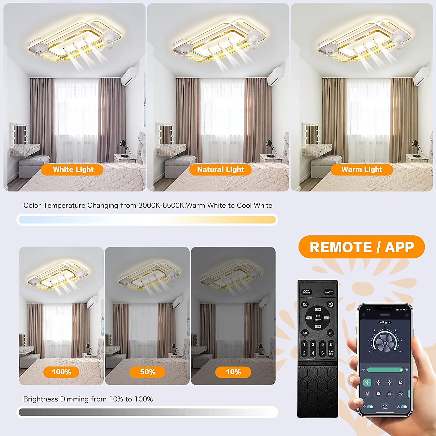 ventilatore da soffitto con luce 3 faretti app&amp; telecomando 101cm dimmerabile 6 velocità del vento moderno ventilatore da soffitto per camera da letto, soggiorno 110-240v del 2025 a $719.99 –P5