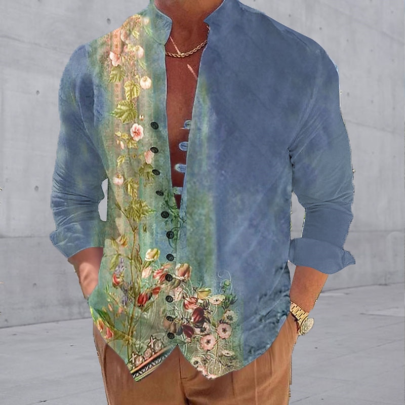 Men's Floral Shirt Button Up Shirt Long Sleeve Fashion Streetwear Designer Outdoor Casual Daily Summer Spring Fall Stand Collar Print Light Green Blue Green Gray 2025 - $24.99 –P4