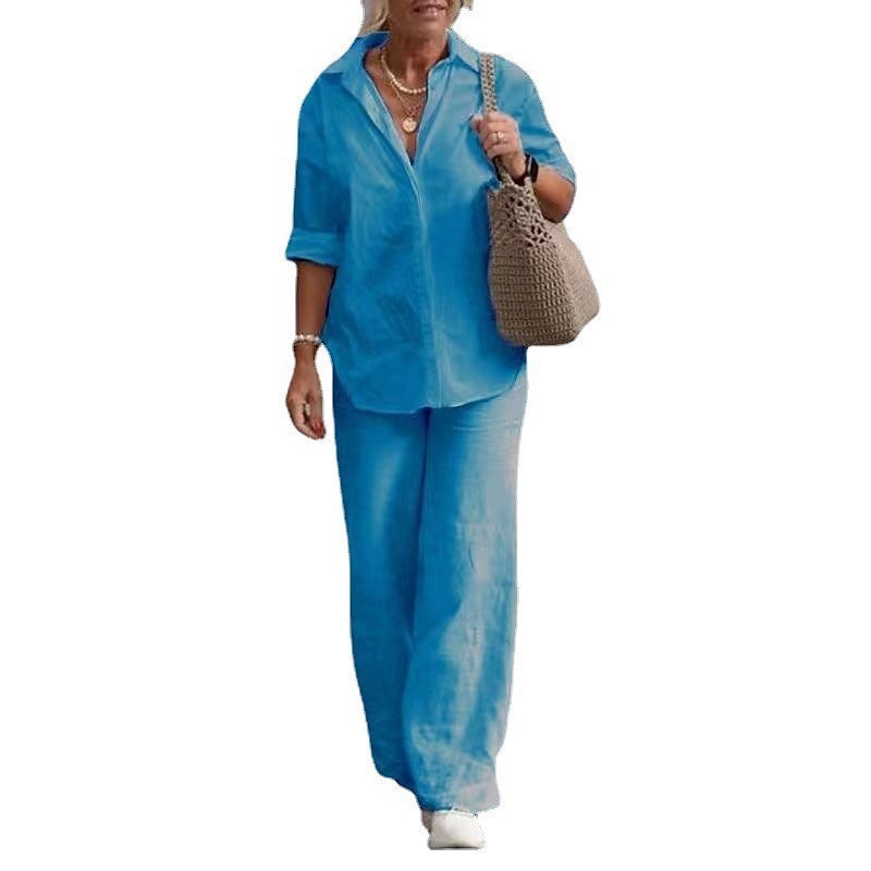 Per donna Elegante Moda Essenziale Camicia Set di biancheria in cotone Set da due pezzi Pantaloni Manica Lunga Colletto a Camicia Tinta unica Casual Quotidiano Rosa Blu marino scuro Blu Autunno del 2025 a $29.99 –P7