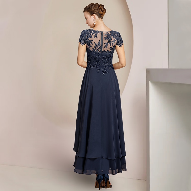 A-Line Mother of the Bride Dress Formal Wedding Guest Elegant High Low Scoop Neck Asymmetrical Tea Length Chiffon Lace Short Sleeve with Sequin Appliques free custom size 2025 - $167.99 –P2