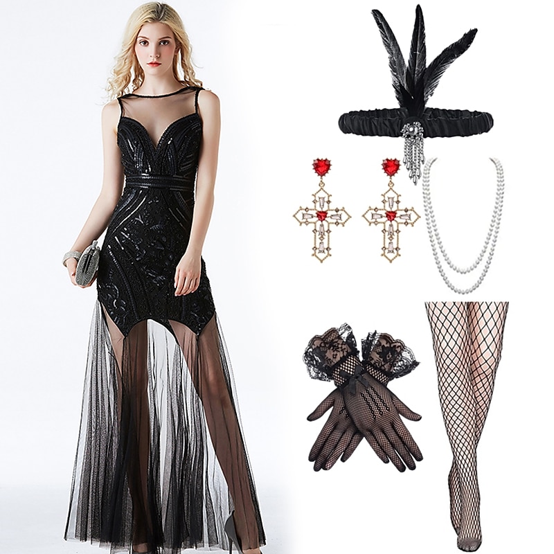 Retro vintage Roaring jaren '20 Jaren 1920 Lange Lengte Flapper jurk Cocktailjurk Jaren ‘20 flapper hoofdband Mouwloos Bruiloftsgast Pailletten Lovertje Ronde hals Dames Carnaval Valentijnsdag 2025 - $55.99 –P15
