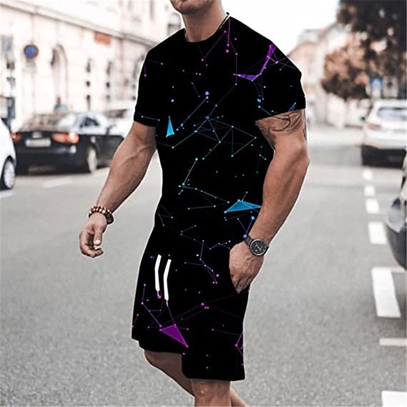 Herre Grafisk Fargeblokk 2stk T-skjorter sett Matchende sett Kortermet Korte bukser Crew-hals Designer Fritid Bekvem utendørs Feriereise Daglig 3D-utskrift Vår sommer Svart Hvit Gul 2025 - $30.99 –P5