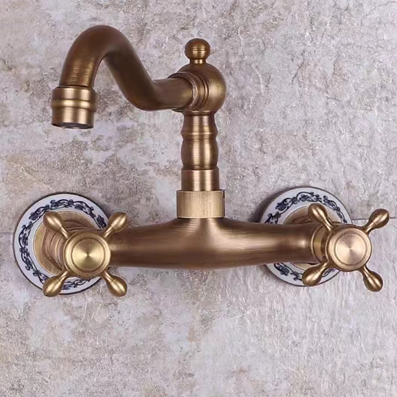 vintage badekarkran i messing veggmontert badekar med to håndtak, blandebatteri på bad, med kald og varm slange 2025 - $85.99 –P10