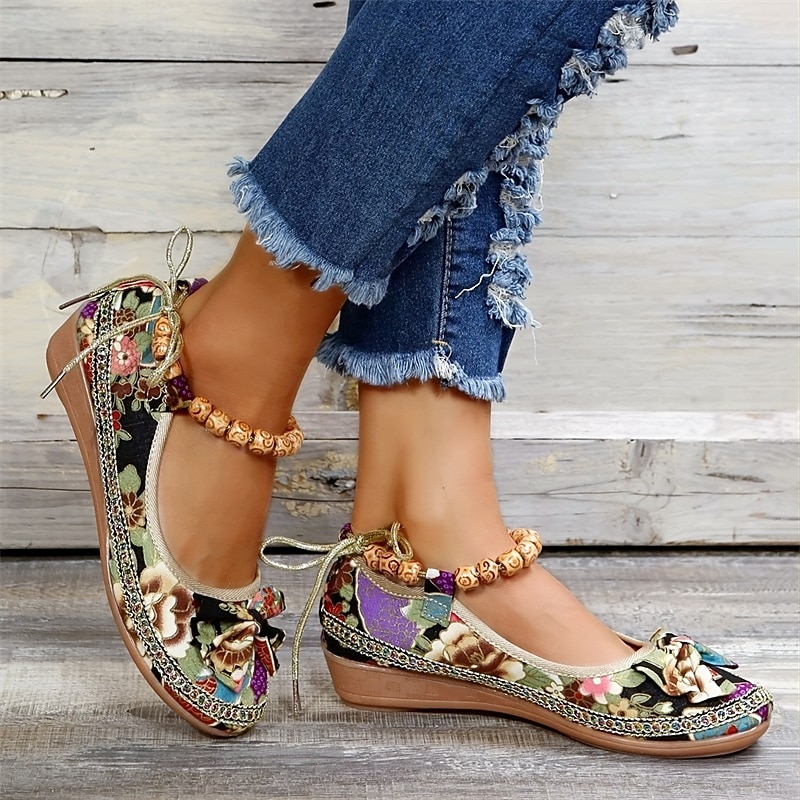 Cheap Vintage Embroidered Women Flats Flower Slip On Round Toe