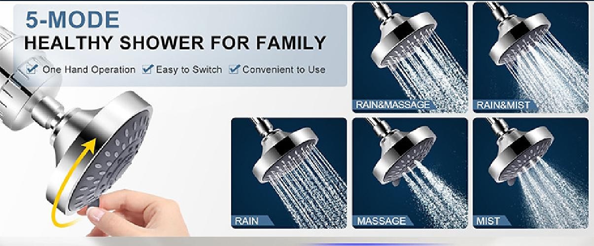 4/6 inch Rainfall Shower Head Set, 5 Mode Sprayer Showerhead with Water Filter, 360-degree Rotation High Pressure Overhead Shower Head Arm Chrome Black Silver 2025 - $9.99 –P6