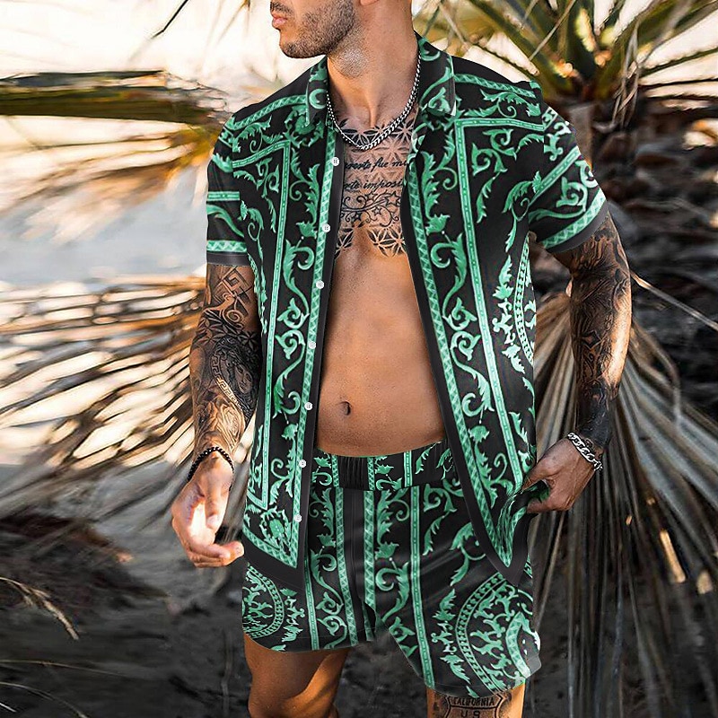 Herr 3D-utskrift 2st Skjortor Set Hawaii skjorta Kortärmad Korta byxor Nedvikt Mode Hawaiisk Designer Utomhus Semester Strand 3D-utskrift Button-Down Sommar Vår Svart Blå Purpur 2025 - $34.99 –P3