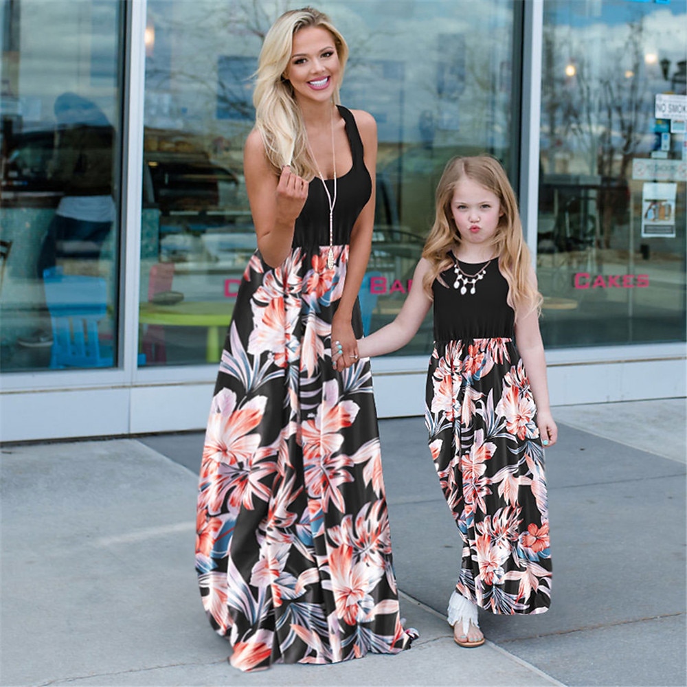Mommy and Me Family Sets Plant Street Print Black White Pink Sleeveless Maxi Tank Dress Vacation Matching Outfits 2026 - $15.99 –P2