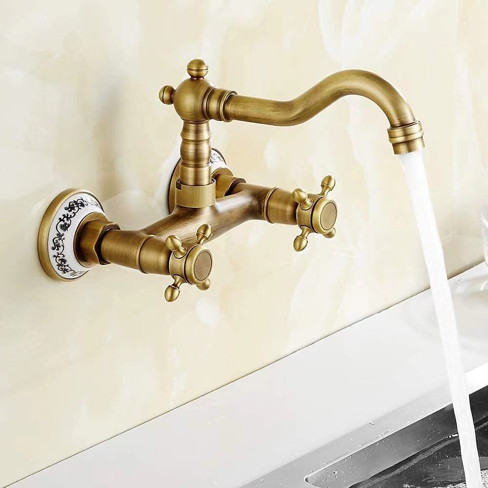 vintage badekarkran i messing veggmontert badekar med to håndtak, blandebatteri på bad, med kald og varm slange 2025 - $85.99 –P5