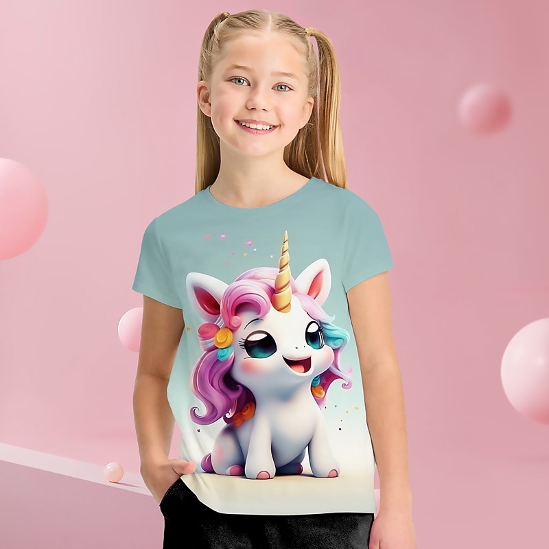 Jente 3D Grafisk Tegneserie enhjørning T skjorte T-skjorte Kortermet 3D-utskrift Sommer Vår Aktiv Mote søt stil Polyester Barn 3-12 år utendørs Avslappet Daglig Normal 2025 - $10.99 –P7