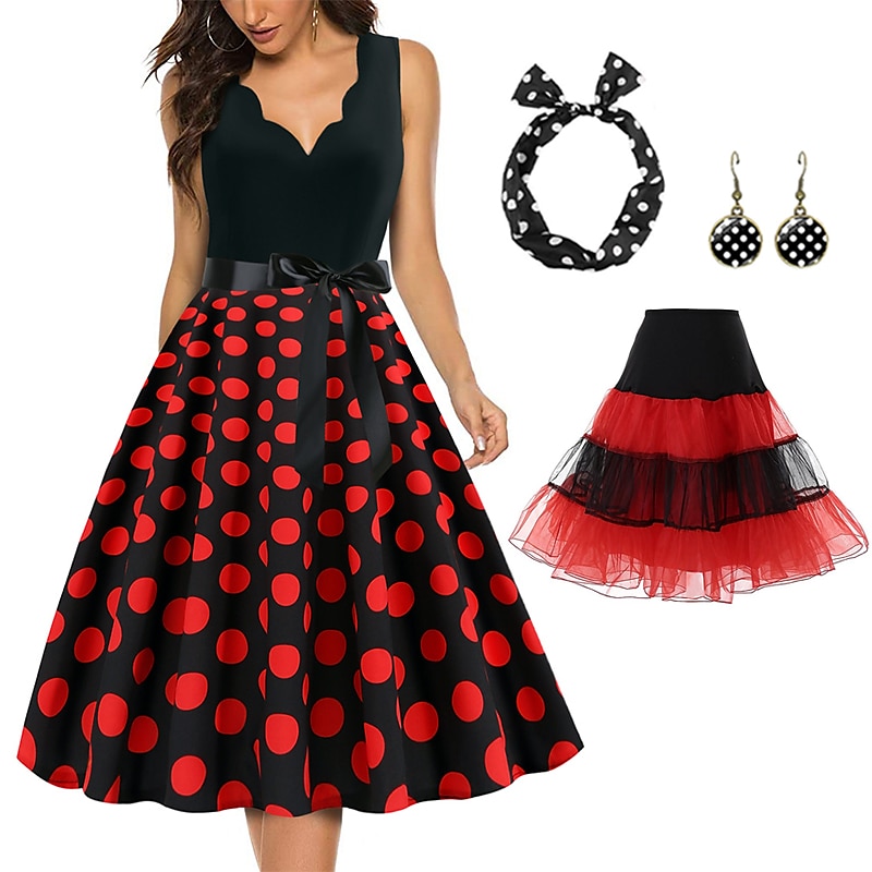 Retro Vintage 1950-es évek Grease kosztümök Rockabilly Tüll szoknya Gyűrűs szoknya A-vonalú ruha Tutu Pöttyös Fancy ruha Női Király nap buli  esti álarcosbál Felnőtt ruha Fülbevalók Fejdísz Tavasz 2025 - $16.99 –P1