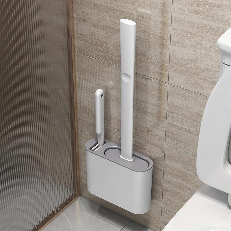 escova de banheiro de silicone e suporte com gancho pegajoso, escova de banheiro para pendurar na parede, escova de cerdas macias de silicone, ferramenta de limpeza do chão do banheiro de 2025 por $8.99 –P2