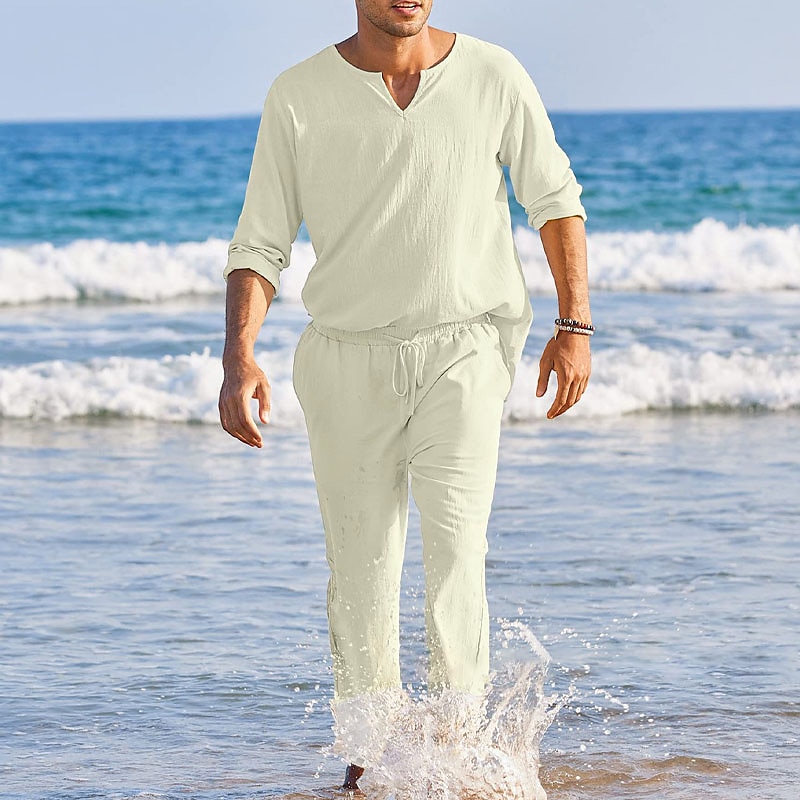 Hombre Camisa de lino de algodón Camisa de algodón blanca 2 Piezas Conjunto de camisa Abotonar la camisa Camisa de verano Negro Blanco Rosa Manga Larga Plano Escote en Pico Primavera verano Exterior 2025 - $43.99 –P5