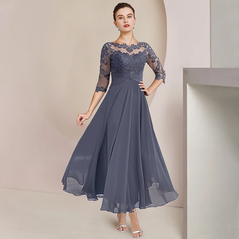 Dvoudílné A-line šaty matky nevěsty formální svatební host elegantní lodičkový krk čajová délka šifon krajka 3/4 délky rukávu s aplikacemi řasením zahrnutým s volným vlastním rozměrem 2025 - $167.99 –P1
