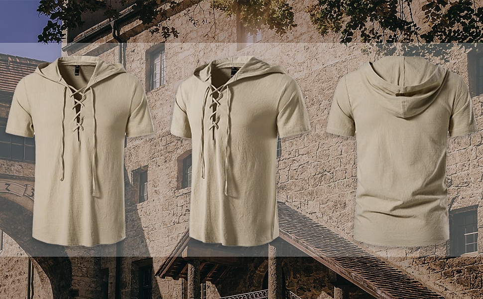 t-shirt vichinga medievale in cotone a maniche corte con cappuccio camicie da uomo in stile retrò con lacci hippie abbinati al costume larp del 2025 a $37.99 –P1