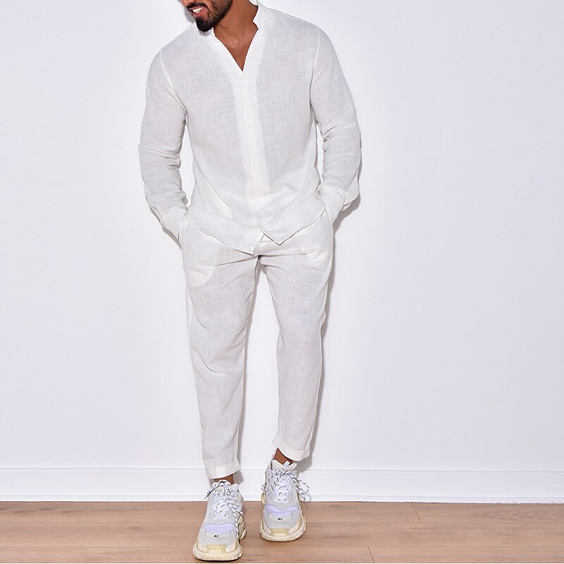 Per uomo 2 pezzi Completo di camicia Camicia estiva Camicia da spiaggia Nero Bianco Beige Manica lunga Liscio Colletto alla coreana Primavera estate Hawaiano Per eventi Abbigliamento Tasche del 2025 a $58.99 –P4