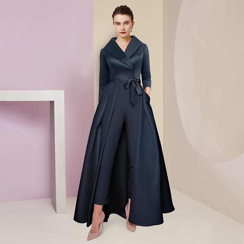 Tuta  Completo Madre della Sposa Tuxedo Ospite di Matrimonio Formale Partito Elegante Collo Camicia Semplice Lunghezza alla Caviglia Satin Manica 3/4 con Fiocco(i) 2025 taglia personalizzata gratuita del 2025 a $155.99 –P4