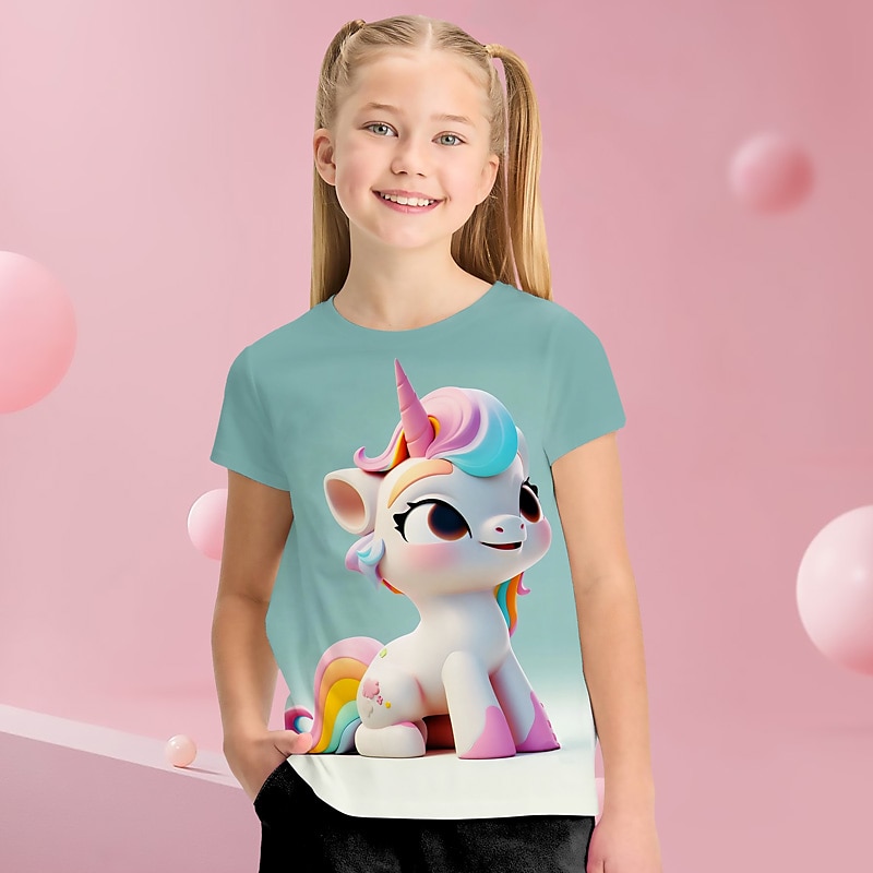 Jente 3D Grafisk Tegneserie enhjørning T skjorte T-skjorte Kortermet 3D-utskrift Sommer Vår Aktiv Mote søt stil Polyester Barn 3-12 år utendørs Avslappet Daglig Normal 2025 - $10.99 –P4