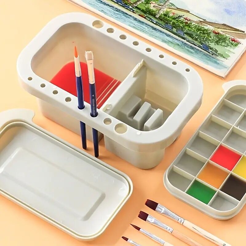 1 conjunto multifuncional 3 em 1 balde de caneta de lavagem com suporte de caneta e tampa de paleta de pintura pincel de bacia ferramenta de lavagem de banheira para pintura de arte guache aquarela de 2025 por $18.49 –P7