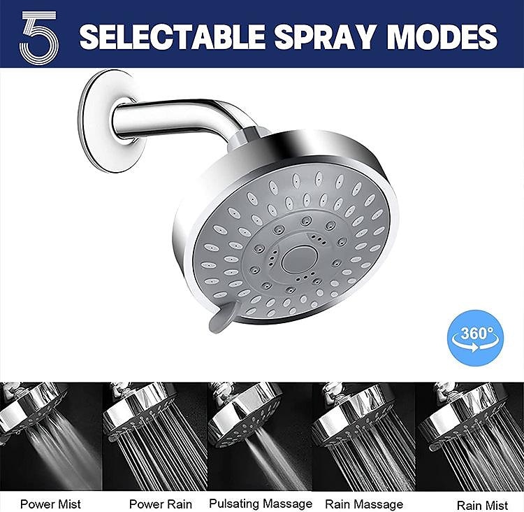 4/6 inch Rainfall Shower Head Set, 5 Mode Sprayer Showerhead with Water Filter, 360-degree Rotation High Pressure Overhead Shower Head Arm Chrome Black Silver 2025 - $9.99 –P5