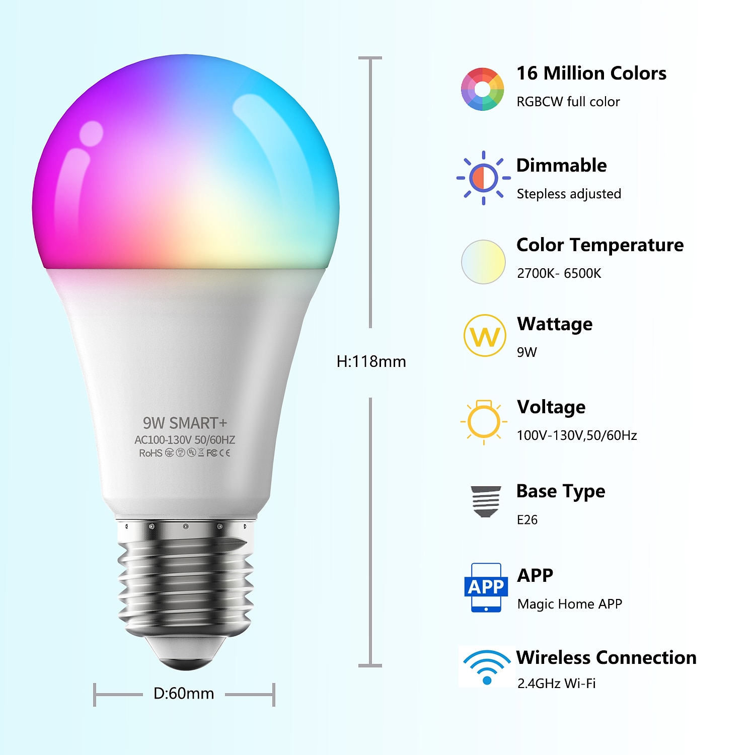 נורה חכמה wifi&amp; bluetooth connect rgbcw צבע משתנה נורות לד הניתנות לעמעום a19 e26 9w (מקביל ל-80w) עובד עם קיצור דרך אלכסה google home siri אין צורך ברכזת 2025 - $10.49 –P9