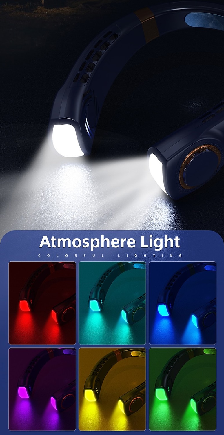 Portable Hanging Neck Fan with Colorful Light USB Charging 5 Gears Brush Motor Leafless Hanging Neck Fan Rechargeable Mute Refrigeration Air Conditioning Outdoor Cooling Fan 2025 - $23.99 –P4