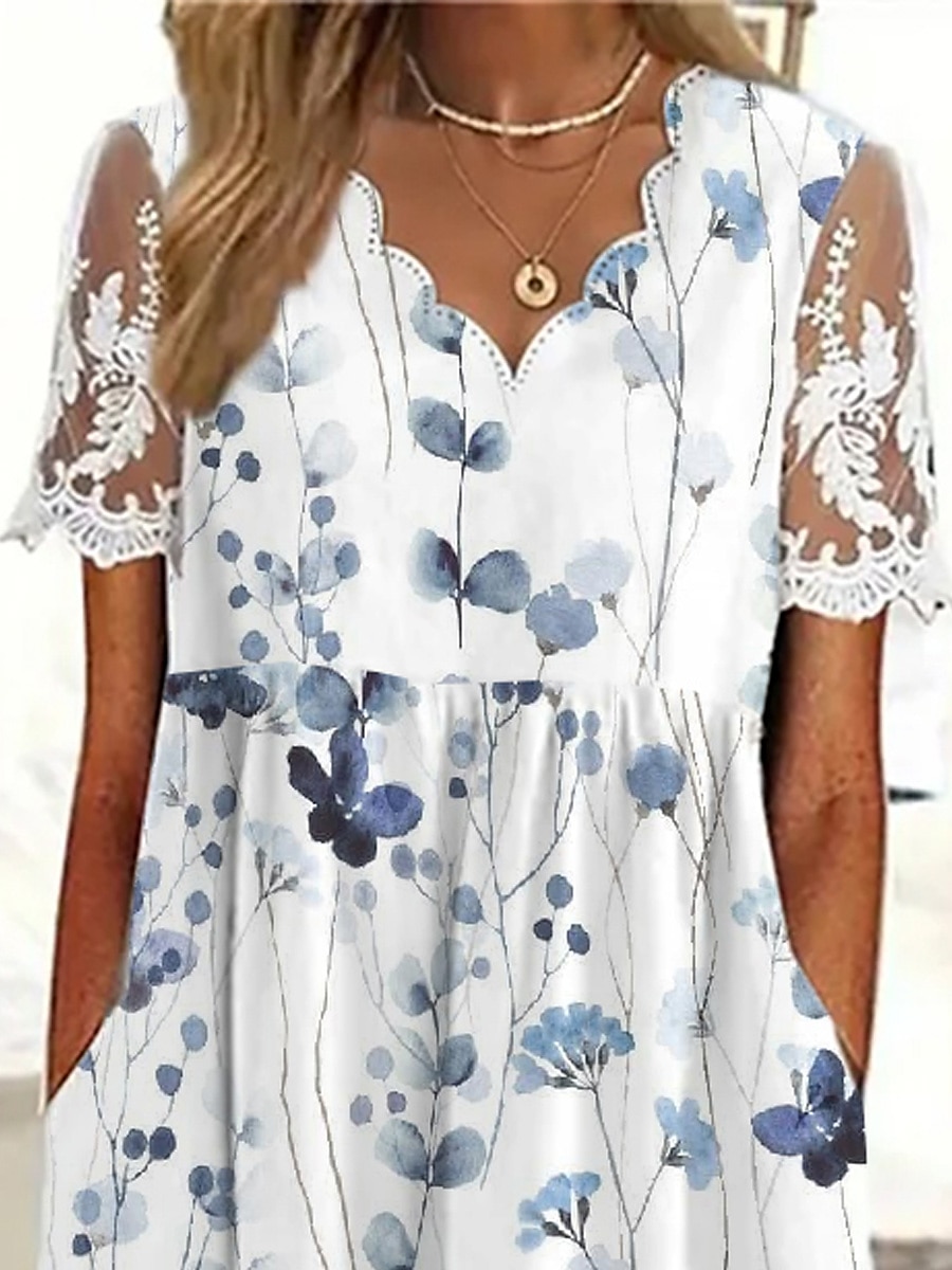 Pentru femei Rochii Midi Rochie A line Rochie de vară Rochie imprimata Modă Modern Mânecă din dantelă În aer liber Vacanță Zilnic Fit regulat Floral Manșon scurt Gât festonat Alb Vară Primăvară 2025 - $29.99 –P2