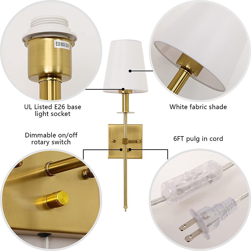 plug-in applique da parete applique dimmerabili 1 pz, lampada da parete con paralume in tessuto bianco con cavo plug-in da 6 piedi, applique da parete per interni lampada da parete, per corridoio del 2025 a $66.99 –P4