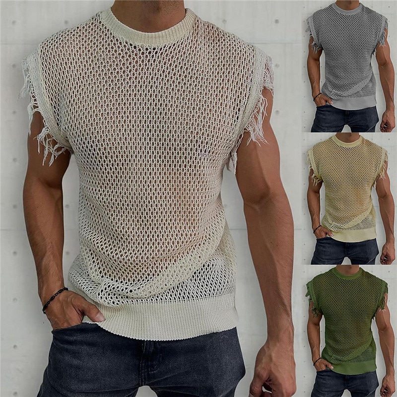 Herren Tank Top Weste Unterhemd Ärmelloses Shirt Ärmellos Rundhalsausschnitt Sommer Einfach Mode Designer Muskel Netz Gestrickt Outdoor Ausgehen Fitnessstudio Weiß Khaki Armeegrün Top T-Shirt für 2025 - $28.99 –P1