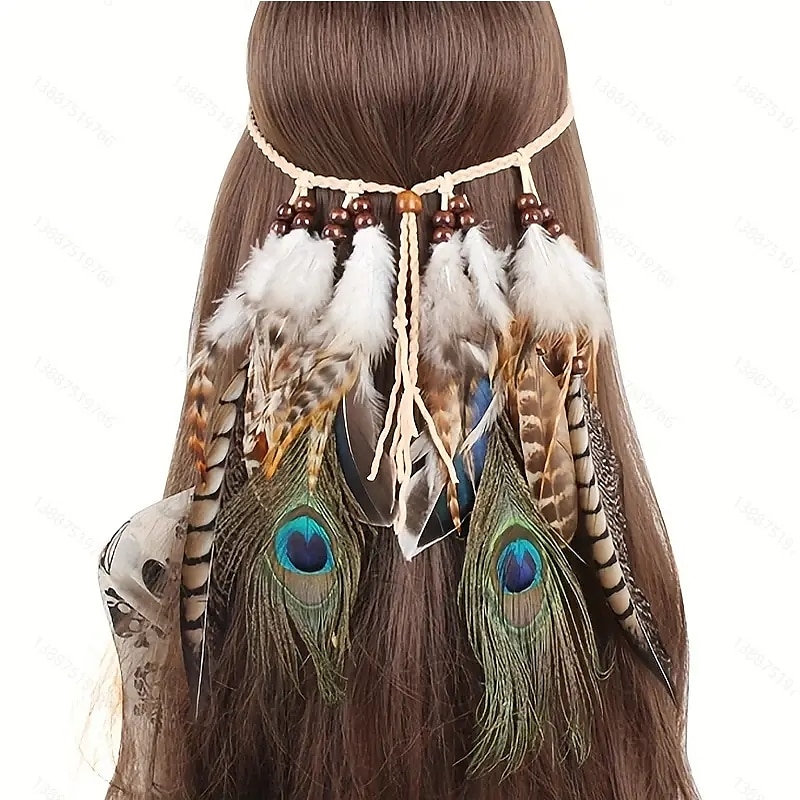 hermosa diadema bohemia de plumas de pavo real, perfecta para gitanos indios & ¡estilo hippy! 2025 - $14.99 –P4