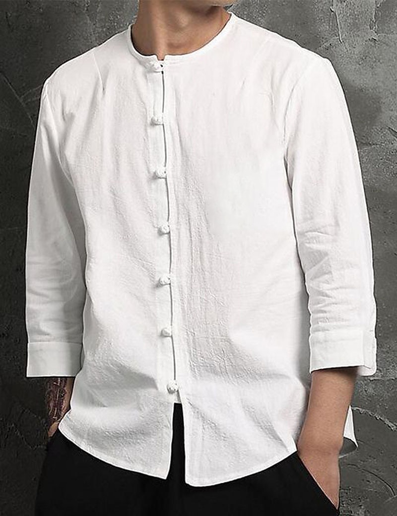 Per uomo Camicia camicia di lino Camicia in lino e cotone Camicia in cotone bianco Camicia con colletto cinese Camicia con colletto alla coreana Liscio Da mare Informale Bianco Manica lunga A fascia del 2025 a $28.99 –P1