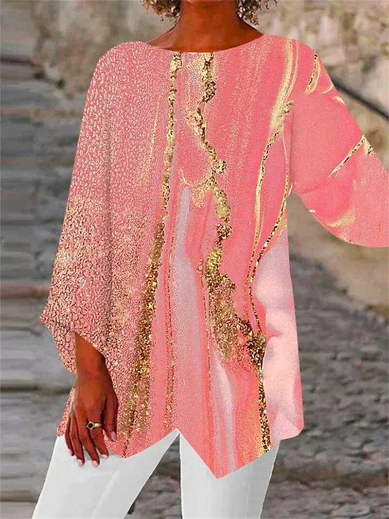 Kvinnors blus chiffong daglig grundläggande neongrön  ljus abstrakt tryck långärmad lång toppar rund hals avslappnad ljusgrön rosa blå grön beige höst  vinter 2025 - $24.99 –P1