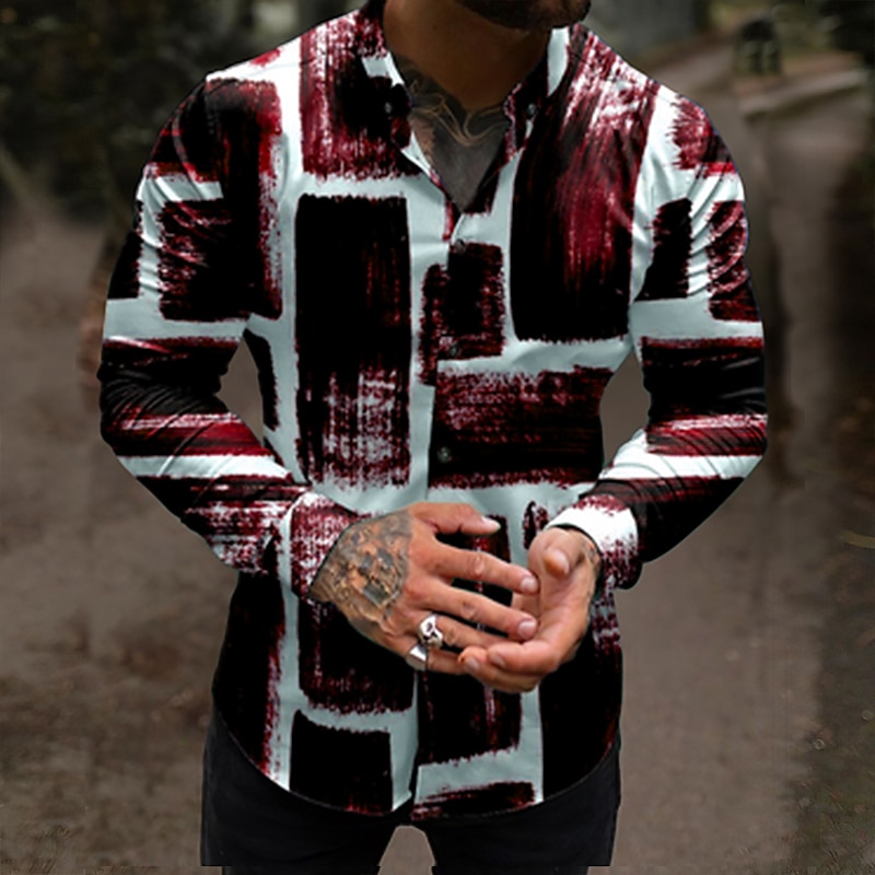 Herren Farbblock Geometrische Muster Hemd Knopfhemd Langarm Modisch Designer Brautkleider schlicht Outdoor Casual Festtage Sommer Frühling Umlegekragen Bedruckt Button-Down Rote Marineblau Purpur Grün 2025 - $26.99 –P2