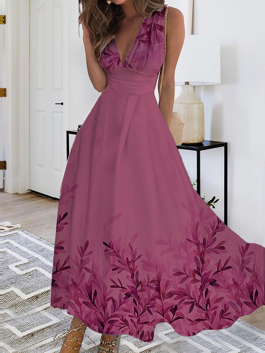 Robe Maxi Femme Robe Décontractée Imprimé Feuille Col V Maxi Long Robe Décontractée Quotidien Rendez-vous Sans Manches Été Printemps de 2025 ? $51.99 –P5