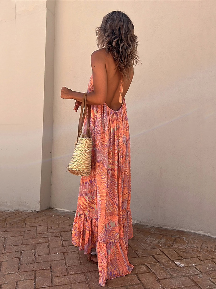 Női Maxi hosszú ruha Boho ruha Boho elegáns ruhák Falevél Csehország Alkalmi Napi Szabadság Fodrozott Nyitott hátú Ujjatlan Kötőfék nyaka Ruha Normál Narancssárga Nyár Tavasz S M L XL 2025 - $27.99 –P2