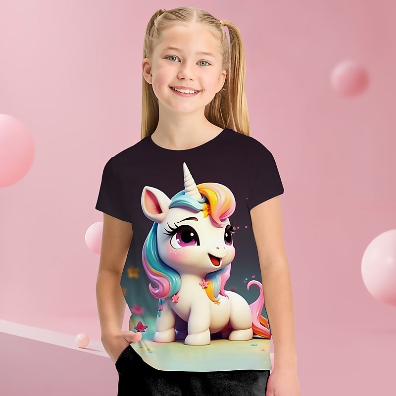 Jente 3D Grafisk Tegneserie enhjørning T skjorte T-skjorte Kortermet 3D-utskrift Sommer Vår Aktiv Mote søt stil Polyester Barn 3-12 år utendørs Avslappet Daglig Normal 2025 - $10.99 –P6