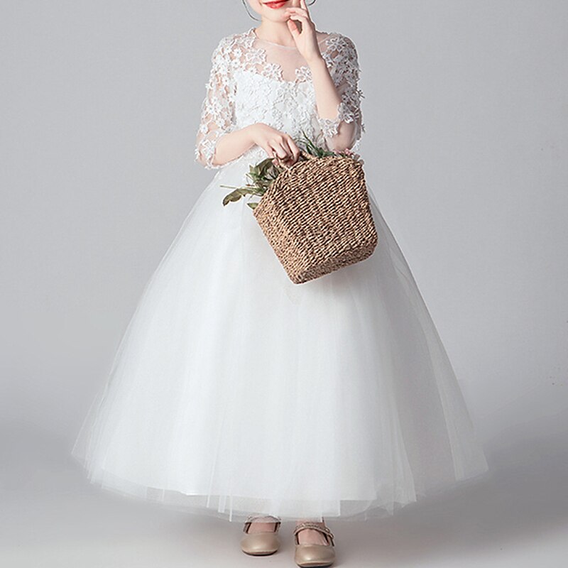 kinderkleidung Mädchen Blumenmädchen Kleid Kleid Party Kleid Feste Farbe 3/4 Ärmel Leistung Hochzeit Party Spitze Gitter Modisch bezaubernd Prinzessin Polyester Maxi Spitzenkleid abendkleider 2025 - $45.99 –P5
