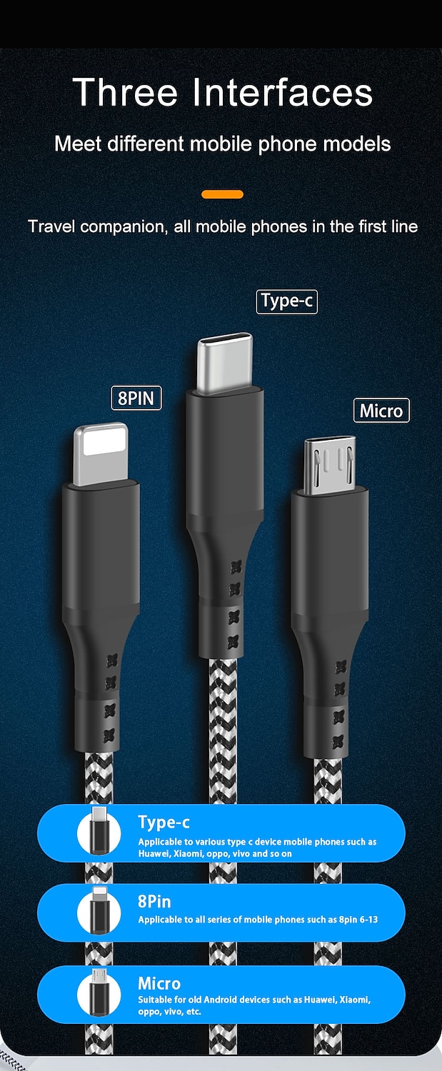 Multi Charging Cable 3.9ft USB A to Type C / Micro / IP 3 A Fast Charging Nylon Braided Durable 3 in 1 For Macbook iPad Samsung Phone Accessory 2025 - $12.99 –P2