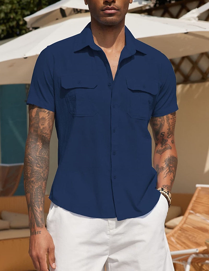 Bărbați Cămașă Cămașă de vară Cămașă casual Cămașă de plajă Camașă cu nasturi Negru Alb Bleumarin Caisă Gri Manșon scurt Simplu Rever Vacanță Zilnic Buzunar frontal Îmbrăcăminte Poliester Modă Casual 2025 - $20.99 –P9