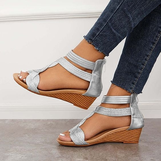 Damesandaler med gullfarget elastisk stropp, flettet design og glidelåslukking, komfortable sommersko med åpen tå for fritidsbruk, reiser og fester. 2025 - $46.99 –P3