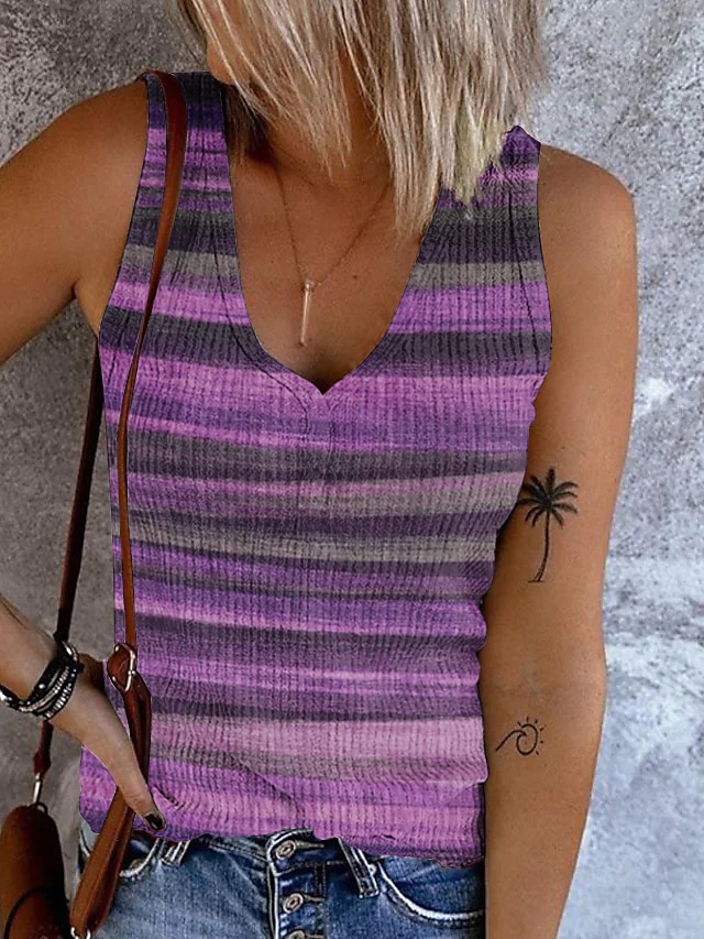 Dame Camisole Tank Top Ute Topper Grunnleggende Stripete Knapper Trykk Uten Ermer Vanlige Topper V-Hals Casual Rosa Blå Lilla Khaki 2025 - $17.99 –P4