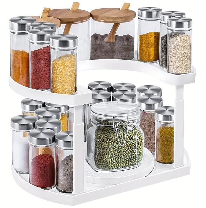 Kitchen Spice Jars Rack Lazy Susan 2 Tiers Seasoning Storage