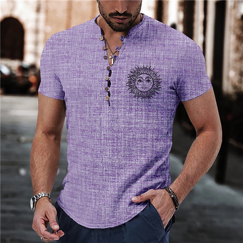Voor heren Zon Overhemd Overhemd met knopen Korte mouw Vintage Modieus Streetwear Buiten Casual Dagelijks Lente zomer Opstaand Afdrukken blauw Paars Groen Khaki Grijs 2025 - $24.99 –P4